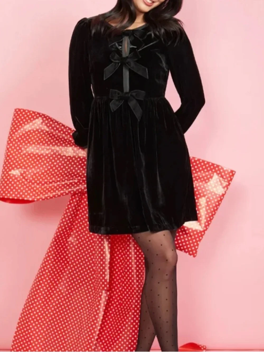 Modcloth Black Velvet Bow Mini Party Dress Size 6 - Picture 1 of 11
